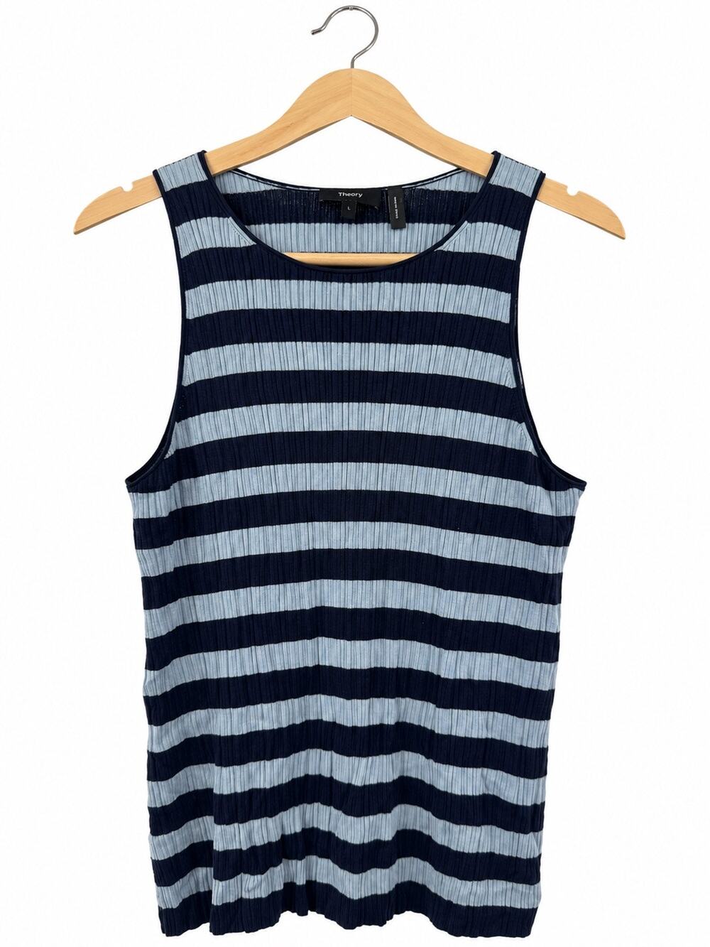 Theory Classic Basic Stripe Navy Light Blue Wool Tank Top Women's Large  NWOT